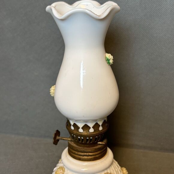 Vintage Miniature Opaline Hobnail Milk Glass Oil Lamp With UV Yellow Roses - Picture 3 of 10